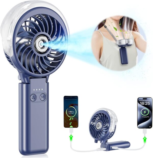 HandFan 5200mAh Upgraded Handheld Misting Fan, Rechargeable Personal Mister Fan, Spray Water Mist Fans, Electric Mini Hand Cooling AC Ice Fans for Beach Travel Outdoors(Royal Blue)