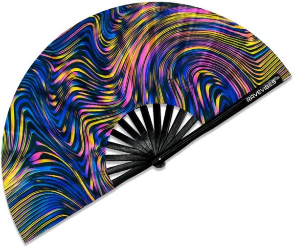 13″ Large Rave Fan Folding Hand Fan, Bamboo Festival Clack Fan Foldable UV Glow Edm Fans For Rave Outfits Accessories Performance Dance Party For Men Women, Soundwave