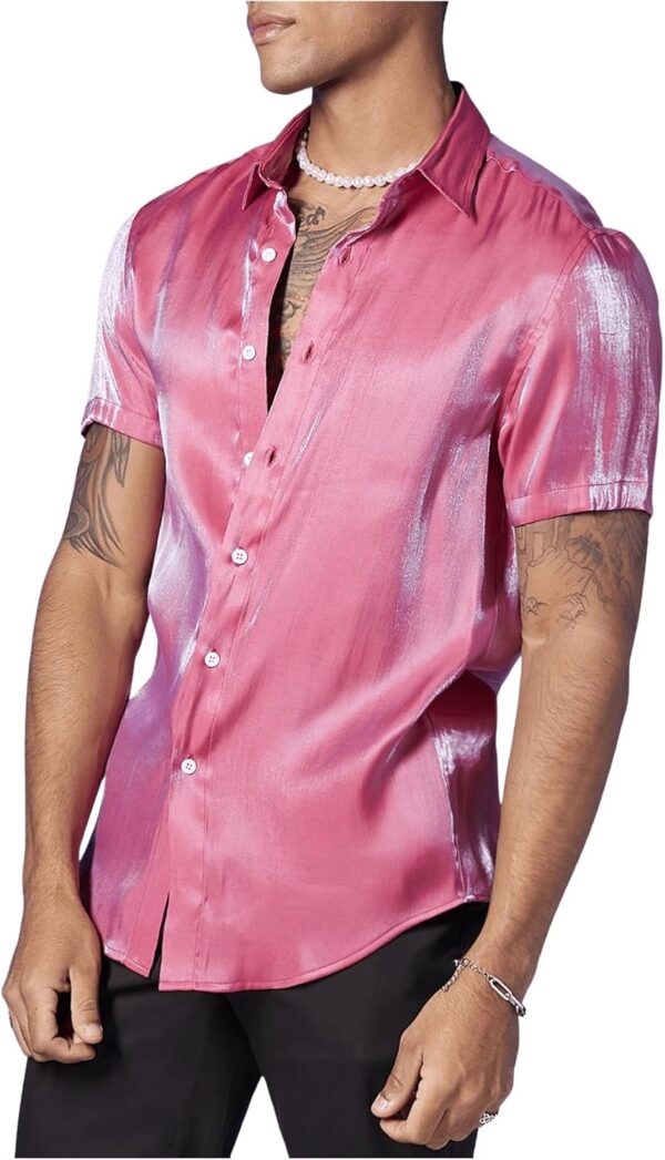 WDIRARA Men’s Silk Satin Metallic Button Down Short Sleeve Collared Shirts Rave Disco Club Tops