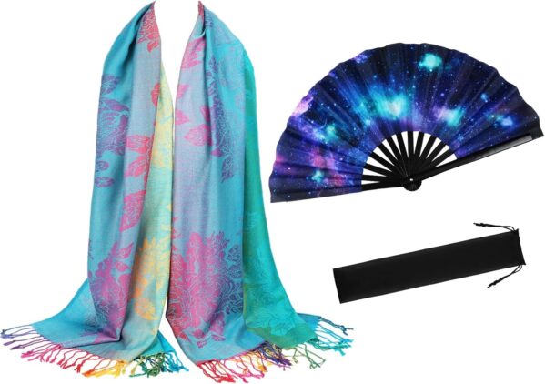 Qunclay 2 Pcs UV Glow Large Rave Hand Fan Jacquard Scarf Shawl Pashmina for Women Party Dance on Festivals