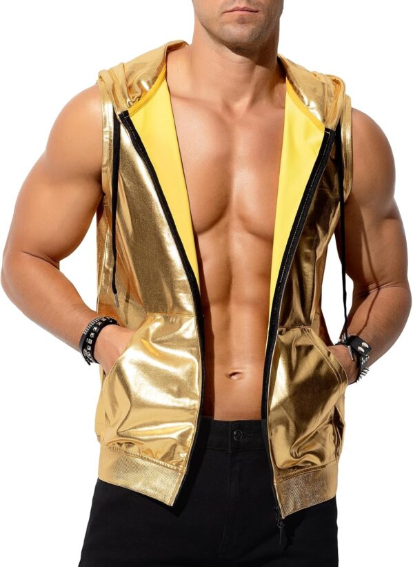 Arjen Kroos Men’s Metallic Hoodie Vest Sequin Zip Up Sleeveless Rave Disco Shiny T Shirt with Pockets