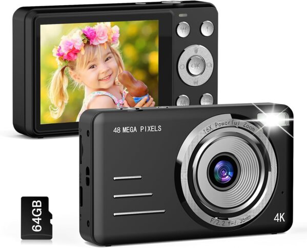 Digital Camera, FHD 1080P Kids Camera, 48MP Point and Shoot Digital Cameras with a 64GB Card, 16X Zoom, Anti Shake, Compact Small Camera for Kids Gifts for Teens Girls Boys