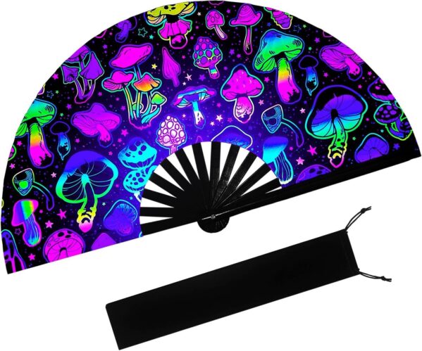 UV Glow Clack Handheld Fan with Fan Bag,Large Folding Hand Rave Fan,for Music Festivals,Carnival,Rainbow Outfits,Disco Party,Neon Party,Halloween,Burlesque,Drag Queen & Glow Party Decorations