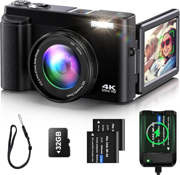 4K Digital Camera for Photography Auto-Focus Vlogging Camera for YouTube Video with 3” 180° Flip Screen 16X Anti-Shake 4K Camera Compact Cameras with SD Card, Flash, 2 Batteries & Battery Charger