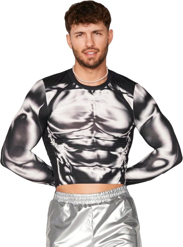 WDIRARA Men’s 3D Body Print Crop Top Long Sleeve Muscle T Shirt Party Club Rave Clothes