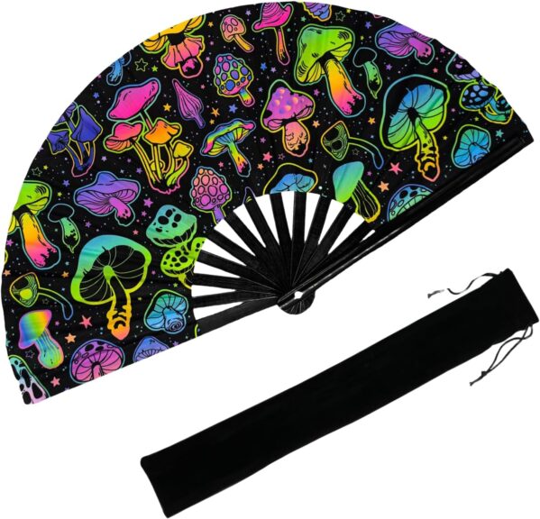 13‘’ UV Glow Large Rave Fan for Men Women, Popping Fan for Line Dancing, Decorative Folding Hand Fan for Party, Home Decoration, Gift, Music Festival, Rave Accessories (Light Mushroom)