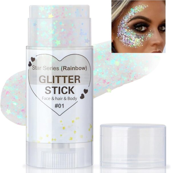 Clear White Body Glitter Stick, Face Glitter Gel Singer Concerts Festival Rave Accessories, Mermaid Sequin Hair Glitter Face Paint Makeup Chunky Sparkling Body Shimmer Glitter for Women, 01#