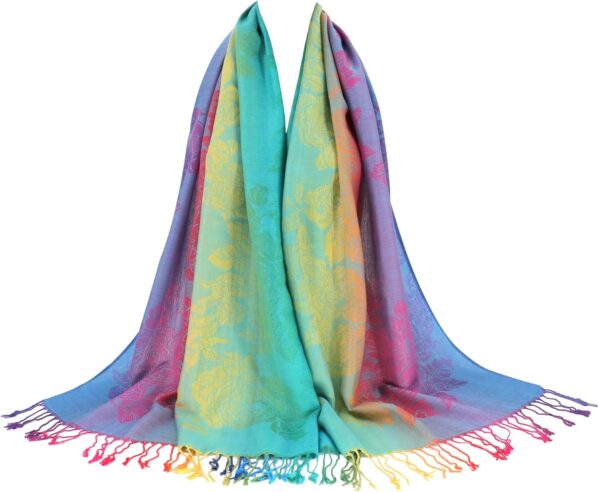 Colorful Pashmina Shawls and Wraps – Soft Rave Scarf Jacquard Silk Satin Rainbow Scarf with Tassels
