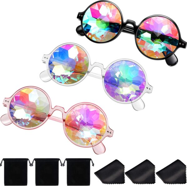Yaomiao 3 Pieces Festival Kaleidoscope Rave Glasses Goggles Kaleidoscope Sunglasses Diffraction Glasses Prism Rainbow Sunglasses