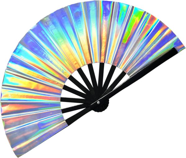 dmjuncong Folding Hand Rave Fan,Clack Handheld Fan,Holographic Laser Colors Hand Fan,for Festivals,Rainbow Outfits,Disco Party,Home Decoration and Cooling in Various Occasions.Medium 11 inches