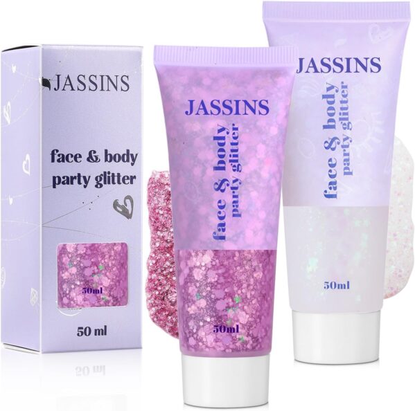 JASSINS 2 Pack Face Body Glitter, 100ml Pink and White Glitter Gel Makeup for Women Girls Kids, Singer Concerts Festival Rave Accessories, Chunky Mermaid Sequins Glitter