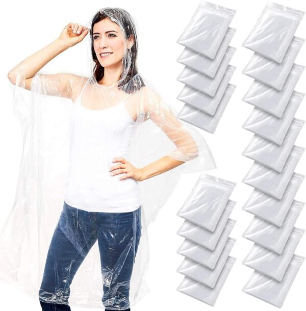 Juvale 20-Pack Disposable Rain Ponchos with Hood for Adults, Lightweight Emergency Plastic Poncho for Outdoor Events, Travel, Camping, Hiking, and Festivals, Clear
