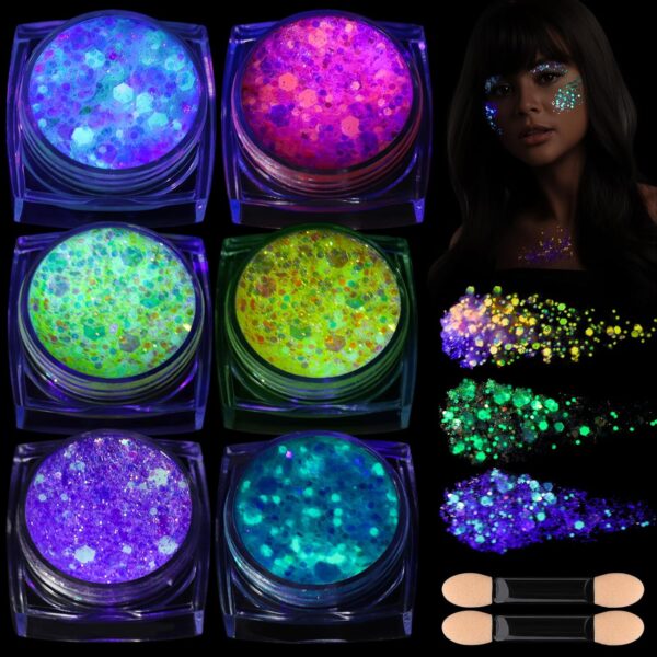 Teenitor 6 Colors Glow in The Dark Glitter Gel, Body Glitter Face Glitter for UV Black Light Party Raves Festivals