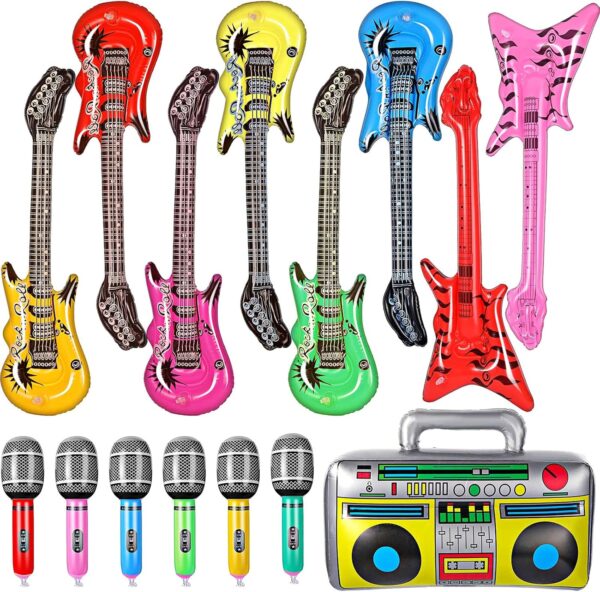 BBTO 15 Pcs Inflatable Rock Star Toy Set Party Props Musical Instrument Blow up Guitar Inflate 80s 90s Party Decorations Rock Band Bass Guitar Microphones Box ​​Toys for Carnival Concert Favors