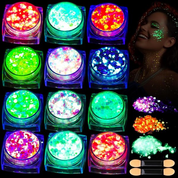 Teenitor 12 Colors Glow in The Dark Glitter Gel, Face Glitter Body Glitter Gel Hair Glitter for UV Black Light Makeup Raves Festivals