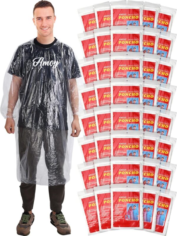 40 Pack Disposable Rain Ponchos for Adults Disposable Ponchos Pack with Drawstring Hood Elastic Sleeves Raincoat for Camping
