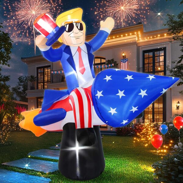 6FT Tall 4th of July Inflatables Outdoor Decorations President Ride on Rocket Blow Up Patriotic Independence Day Giant Fourth of July Outside Décor Led Lights Indoor Yard Lawn Patio Inflatable