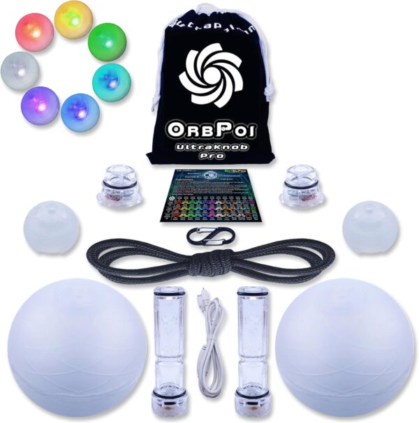UltraPoi OrbPoi LED Poi Balls – USB Rechargeable Spinning Orb Flow w/ 30+ Color Modes – Glow Poi Balls w/LED Knob Handles & Soft Cases – LED Visual Poi for Rave Parties Festivals & Flow Arts