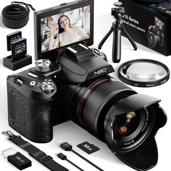 64MP Digital Cameras for Photography,5K Vlogging Cameras for YouTube,16X Optical Zoom Travel Point and Shoot Digital Cameras Fotograficas with 180°Flip Screen,58mm UV Lens,2 Batteries(Black)