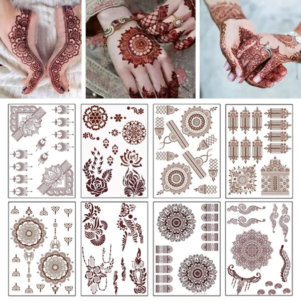 8 Sheets Temporary Tattoo Stickers Brown Exquisite Totem Indian Lace Mandala Flower Pattern for Beach Festivals Wedding Party Decorations