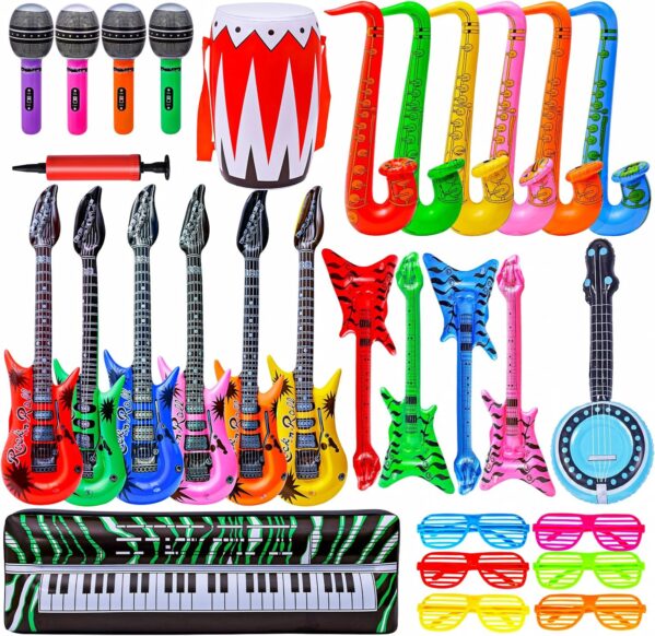 Max Fun Inflatable Rock Star Toy Set, 30 PCS 80s 90s Party Decorations Inflatable Party Props Musical Instrument Blow up Guitar Inflate Rock Band for Carnival Party Favors Rock and Roll Party Supplies