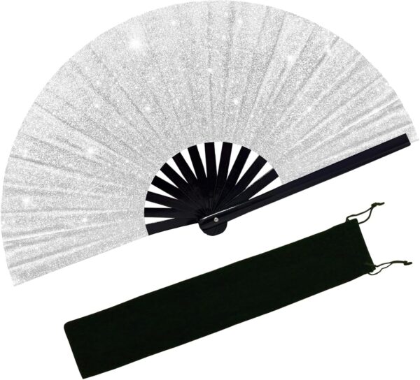 Large Glitter Rave Fan Folding Hand Fans for Line Dancing Portable Handheld Clack Fan for Festival EDM Party Music Outfit Accessories (Glitter White)