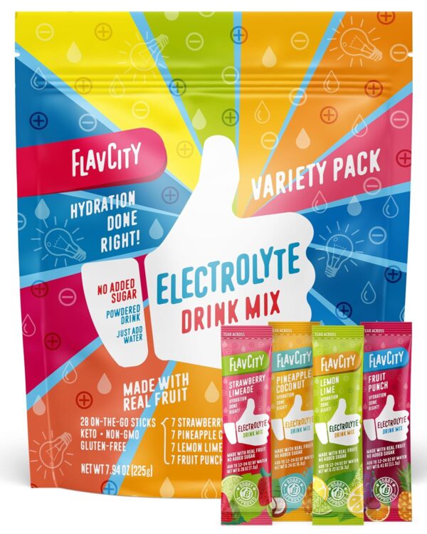 FlavCity Electrolytes Powder Packets – 28 Hydration Packets, Variety Pack – No Added Sugar – Hydration Powder with Real Fruit & Unrefined Sea Salt – Keto & Gluten-Free (28 Stick Packs)