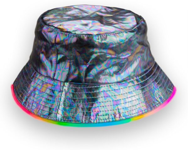 LED Bucket Hat 7 Color Modes – Iridescent Rave Bucket Hat for Men Women – Reflective Trippy Light Up Gear – Oil Slick Holographic Festival Headwear Rainbow