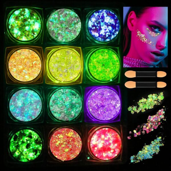 12 Colors Glow in The Dark Makeup UV Black Light Glitter Gel for Body Face Hair Eyeshadow for Raves Festivals Carnival Party