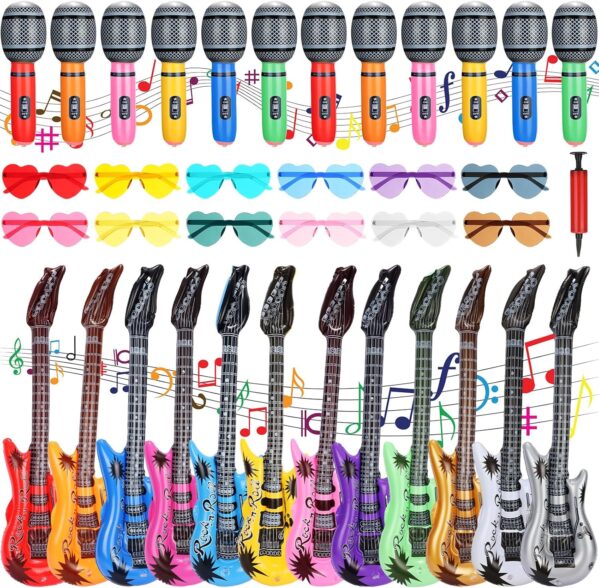 36 Pcs Inflatable Rock Star Toy Set Include 12 Inflatable Guitars 12 Microphones 12 Colorful Heart Shaped Sunglasses and 1 Inflator for Musical Concert Themed Party Decoration
