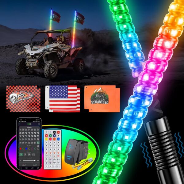 2PCS 3FT Whip Lights for UTV ATV with Spring Base, Tripled Brighter Led Whip Light W/Rocker Switch & 6 Flags, Spiral Chasing Lighted Antenna Whip with APP & Remote Control for RZR SXS Can-Am
