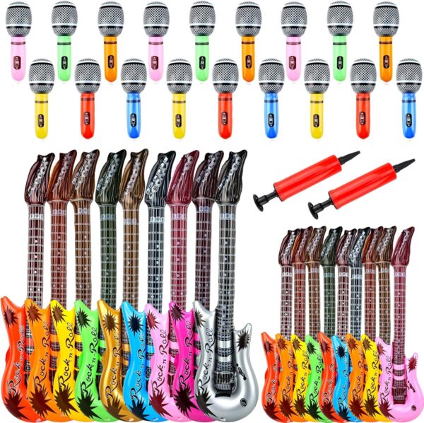 38 Pack Inflatable Rock Star Toy Set Includes 18 Pcs Inflatable Guitar and 18 Pcs Blow up Microphone Bulk and 2 Pcs Air Pump for Musical Concert Themed Party