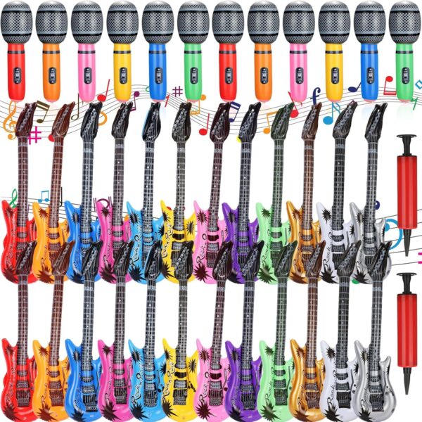 36 Pcs Colorful Inflatable Instruments Rock Star Toy Set Including 12 Pcs Plastic Microphones, 24 Inflatable Guitars and 2 Inflator for Musical Concert Themed Party Decoration