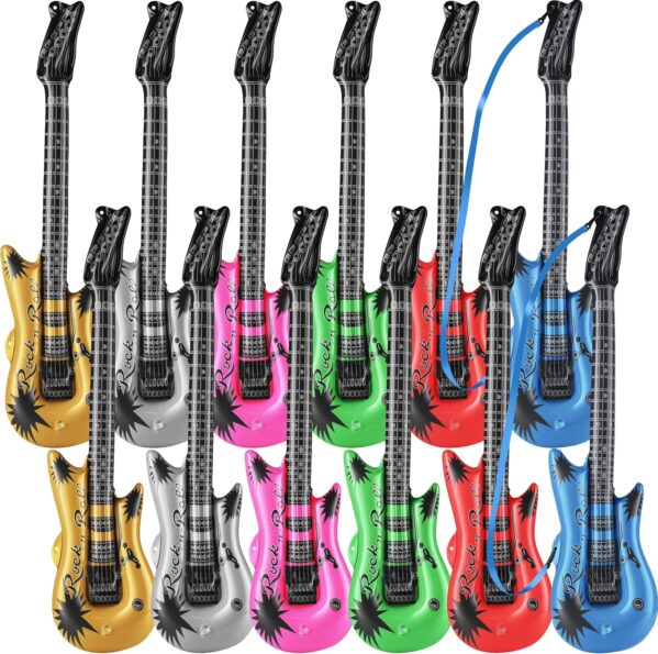 Bedwina Inflatable Guitars for Kids – (Pack of 12) 36-inch Neon Blow Up Guitar Instruments, Party Favors, Giveaways, DJ-Props, Photo-Booth, Birthdays, Rock Star, Rock and Roll Party Decorations